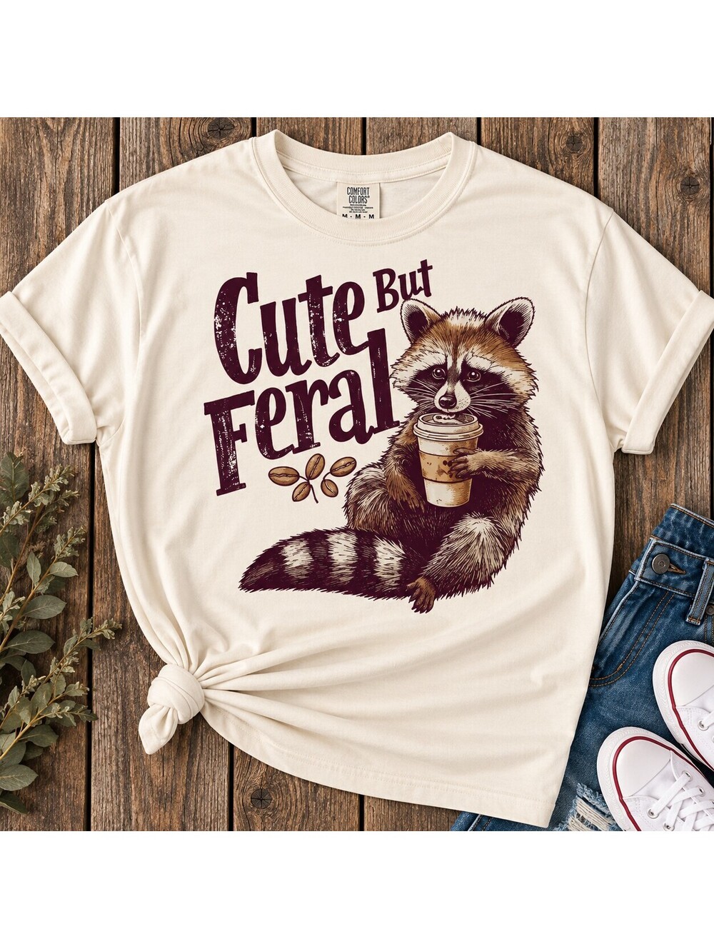 Cream Cute but Feral Raccoon Graphic T-Shirt